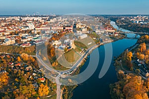 Grodno, Belarus. Aerial Bird`s-eye View Of Hrodna Cityscape Skyline. Famous Popular Historic Landmarks In Sunny Autumn