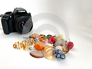 Grodno, Belarus - 03.06.2022: Canon camera in the process of shooting small objects