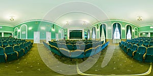 GRODNO, BELARUS - MAY 2019: Full spherical seamless hdri panorama 360 degrees inside interior of big conference concert hall or