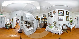 GRODNO, BELARUS - MAY 2019: Full spherical seamless hdri panorama 360 degrees inside interior of old medieval kitchen in the