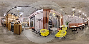 GRODNO, BELARUS - MAY 2019:  seamless spherical hdri panorama 360 degrees angle inside interior of stylish vintage cafe coffee bar