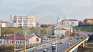 Grodno, Belarus - October 2021: Panoramic view of downtown Grodno Hrodna Belarus with Drama Theatre Academic Opera House