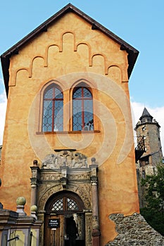Grodno Castle in Zagorze Slaskie, Lower Silesia, Poland. Renaissance entrance gate tower to the Upper Castle.