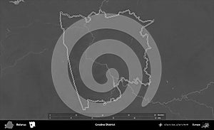 Grodno District outlined, Belarus. Grayscale