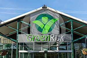 Groenrijk logo sign above the entrance. Groen rijk is a garden center