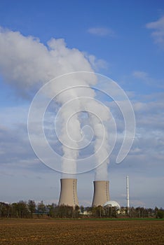 Grohnde nuclear power plant with landscape in the Weser Uplands