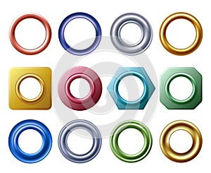 Grommet rings. Metal and golden eyelets for label holes, round hole metallic grommets and curtain eyelet vector set photo