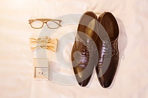 Groom accessories preparation for wedding concept