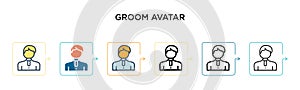 Groom avatar vector icon in 6 different modern styles. Black, two colored groom avatar icons designed in filled, outline, line and