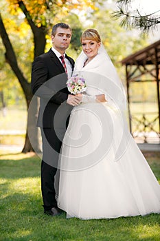 Groom and the bride in autumn park walk near trees with yellow leaves