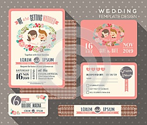 Groom and bride cartoon retro wedding invitation set design Template