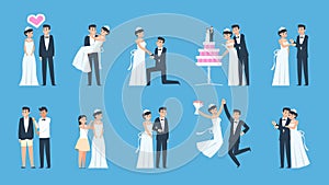 Groom and bride. Cartoon wedding couple in different scenes, preparing and celebrating. Vector dancing kissing and photo