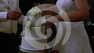 Groom and bride cut the wedding cake