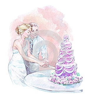 Groom and bride cutting wedding cake