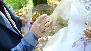 Groom and bride exchange wedding rings, newlyweds exchange rings, Bride puts ring on a finger to her fiance