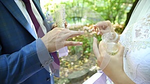 Groom and bride exchange wedding rings, newlyweds exchange rings, Bride puts ring on a finger to her fiance