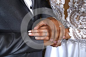 Groom and the bride hands with rings