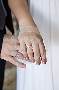 Groom and bride holding hands with wedding rings