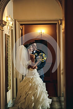 Groom and bride is hugging on the background hall