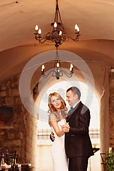 Groom and bride indoors on their wedding day