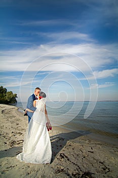 The groom and the bride are kissing on a beach