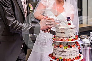 Groom and bride marriage Cutting the delicious fruity Wedding Cake together colorful fruits