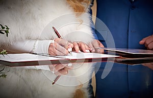 Groom and bride register marriage close up