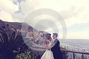 Groom and bride on the shore