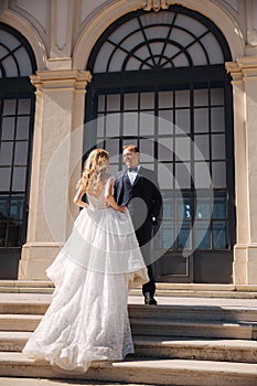 Groom and bride stand on stairs by the great palace in Wiena. Stylish couple