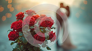 Groom and bride together. Wedding couple. Red roses bouquet. Saint Valentine\'s Day