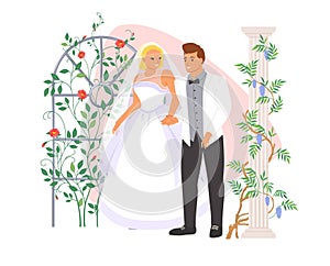 Groom and bride wearing ceremonial dress and suit vector illustration