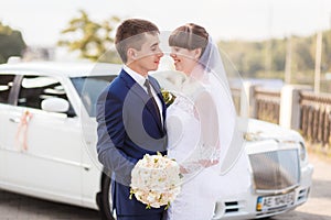 Groom, bride wedding car
