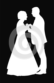 Groom and bride wedding day, in dress and suit vector silhouette. Wedding couple. Happy bride and groom on ceremony. Just married