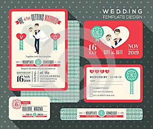 Groom carrying bride cartoon retro wedding invitation set design