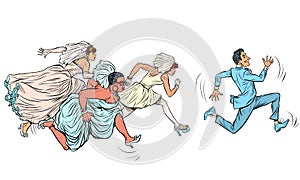 The groom comically runs away from several brides. Polygyny