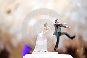 Groom doll and statue is running away but bride can catch him finally. the funny wedding story doll on the top of cake