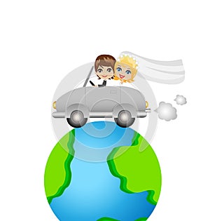 Groom with fiancee go in a trip on a car round earth