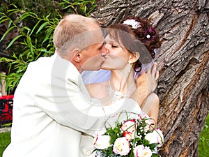 Groom and fiancee in a park