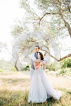 the groom gently hugs the bride from behind in the olive grove