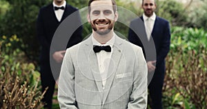 Groom, groomsmen and portrait for wedding, happy and waiting for bride, support and witness. Commitment, marriage and