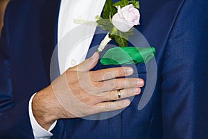 The groom with his wedding ring on the finger