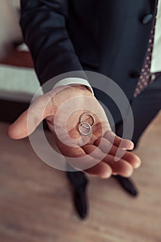 Groom holding wedding rings
