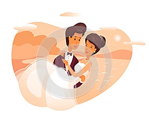 Groom holds bride on arms flat vector illustration