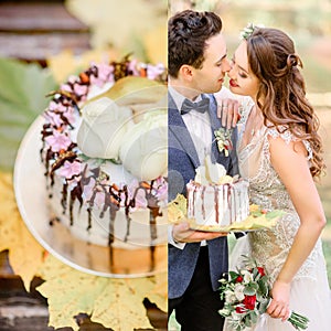 Groom holds tasty wedding cake while bride reaches for a kiss
