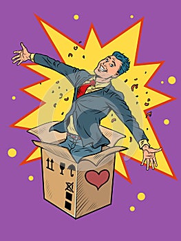 Groom man businessman box valentine surprise greeting, love romance