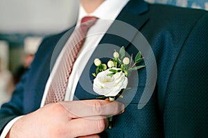 Groom is pinning a boutonniere to a suit. Wedding preparation