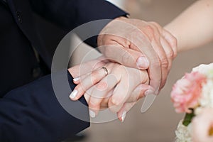 The Groom Put His Hand On The Bride`s Palm With Golden Ring On Finger