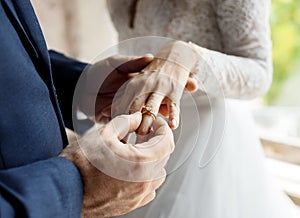 Groom Put on Wedding Ring Bride Hand
