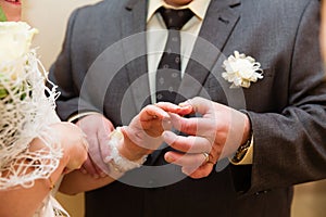 Groom put the wedding ring on bride`s finger