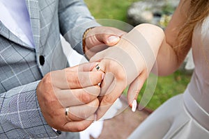 Groom put the wedding ring on bride`s finger